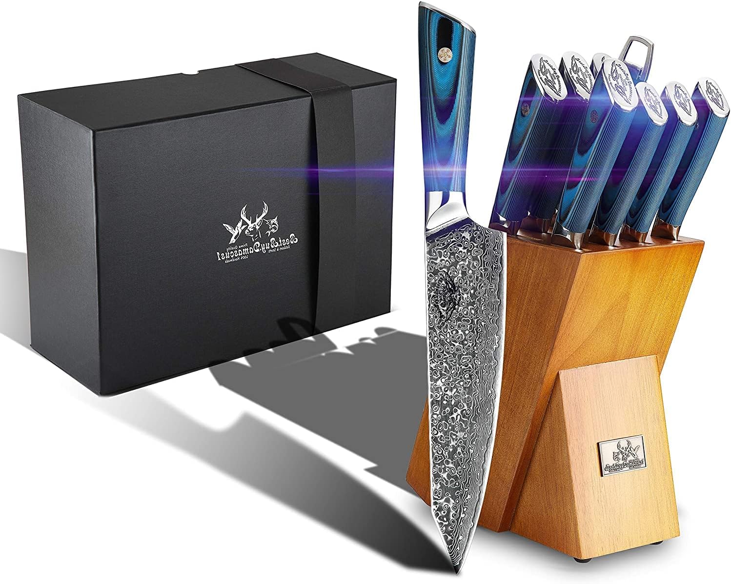 Kitchen Damascus Knife Set- 9-Piece Kitchen Knife Set with Block- Japanese Aus-10 Damascus Knives Set- Chef Knives Set- Stainless Steel- Chefs Knives Set- Black G10 Ergonomic Handle- Knife Block Sets