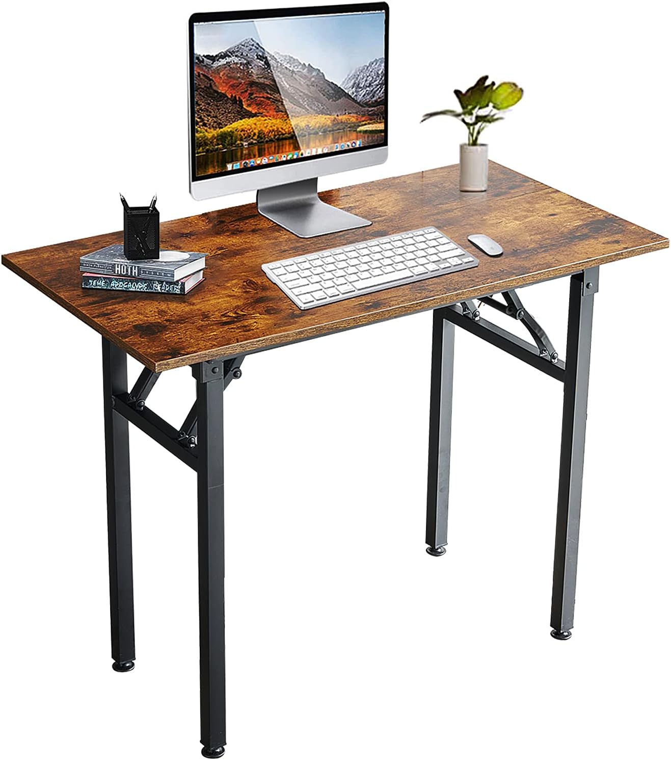 31.5'' Folding Computer Desk with Monitor Stand Riser, Home Office Writing Desk, Study Table Workstation, Stable Metal Frame, Rustic Brown Pack of 2