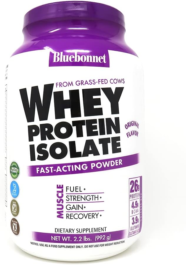Bluebonnet Nutrition Whey Protein Isolate Powder, Whey from Grass Fed Cows, 26 Grams of Protein, No Sugar Added, Non GMO, Gluten Free, Soy Free, Kosher Dairy, 2.2 lbs, 32 Servings, Original Unflavored Pack of 2