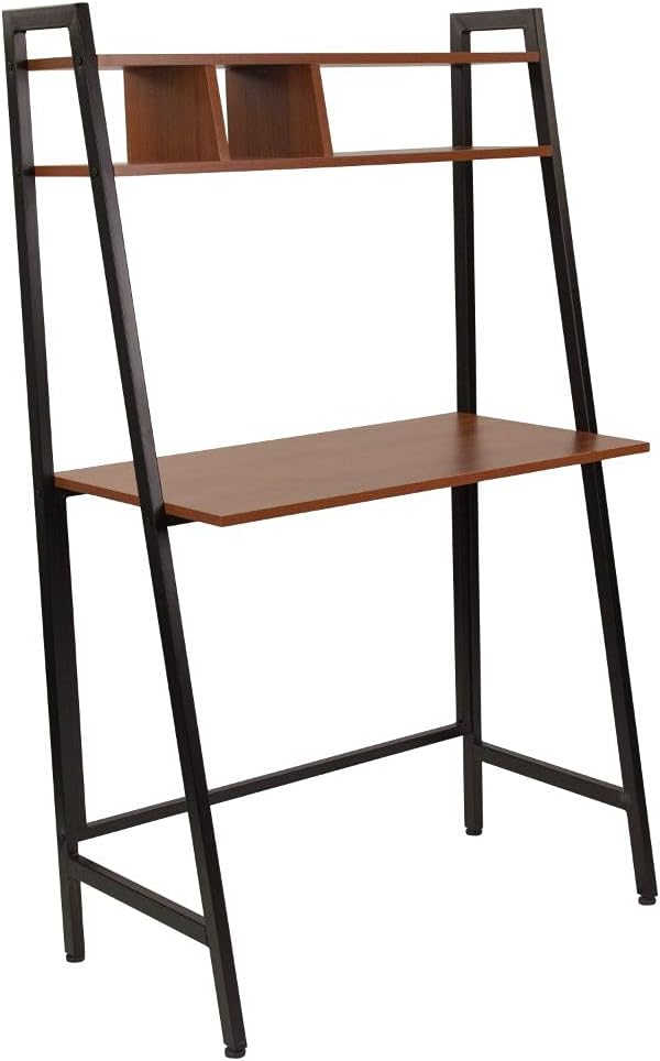 Flash Furniture Wilmette Cherry Wood Grain Finish Computer Desk with Storage Shelf and Black Metal Frame