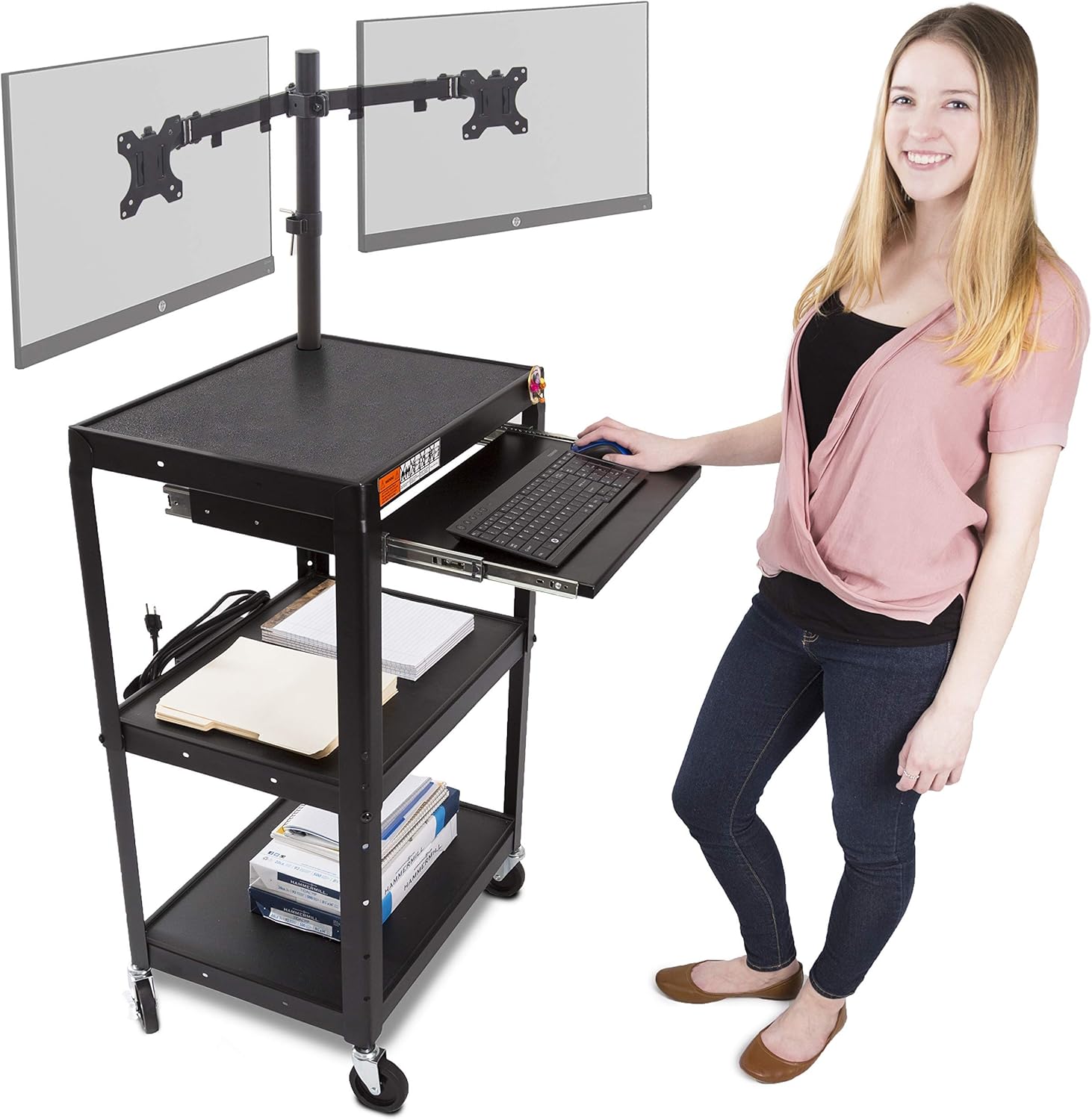 Line Leader AV Cart with Keyboard Tray and Dual Monitor Mount | Mobile Workstation/Presentation Cart with Monitor Arm | Take Your Office On-The-Go with Our Stand Up Computer Cart (Black / 24 x 18)