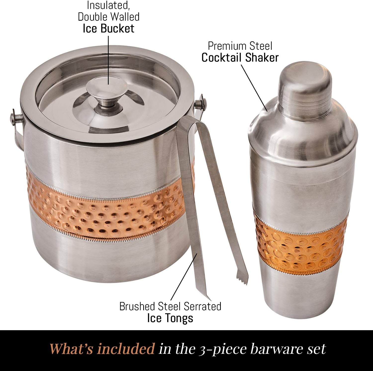 Walia-Singh Bar Set, Professional 3 in 1 Cocktail Shaker, Barware Set, Insulated Ice Bucket with Lid, Ice Tongs and Ice Bucket for Cocktail Bar, Hand Finished, Ideal Bar Sets for the Home Pack of 2