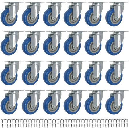 24 Pack Caster Wheels Swivel Plate on Blue Polyurethane Wheels w/ Screws (5 inch Plate No BRAKE)
