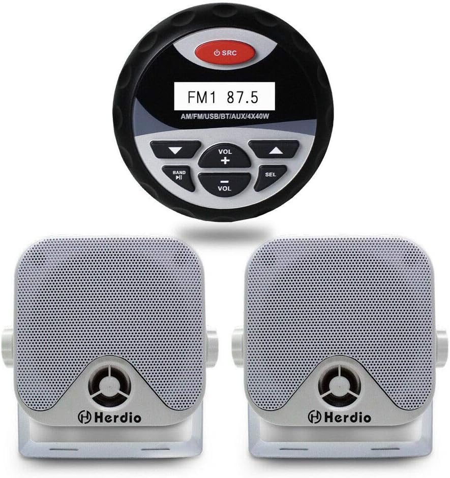 Herdio Receiver/Speaker Package, Bluetooth, MP3/USB AM/FM Marine Stereo Bundle for Boat ATV UTV SPA (White)