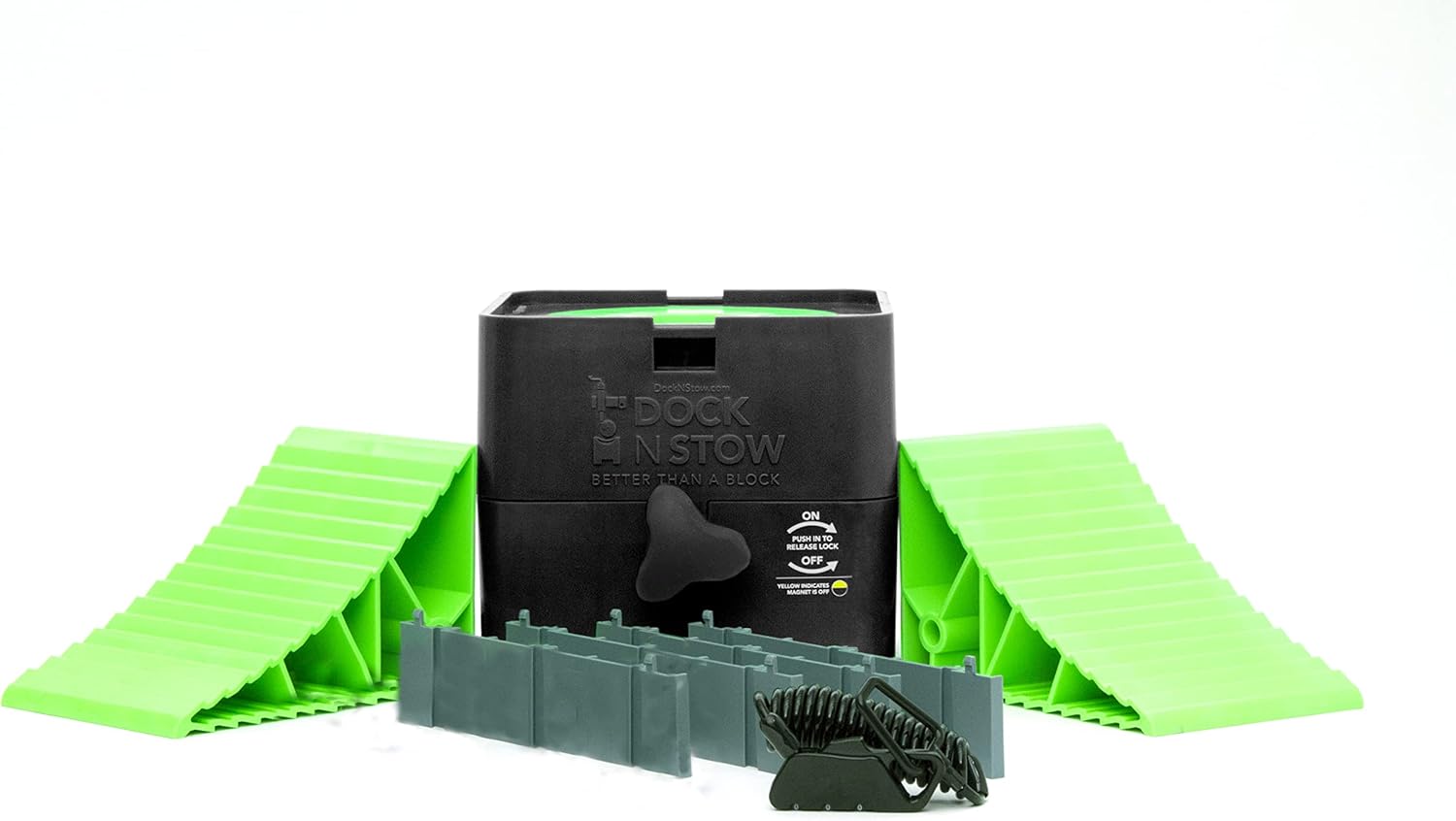 Dock N Stow Trailer Jack Stand, Store Leveling Block on Frame, Secure Magnetically, Stabilizer Fits Most Tongue Jacks, Set Includes Chocks and Lock, Camper Hauling and RV Travel Accessories Gen 2B