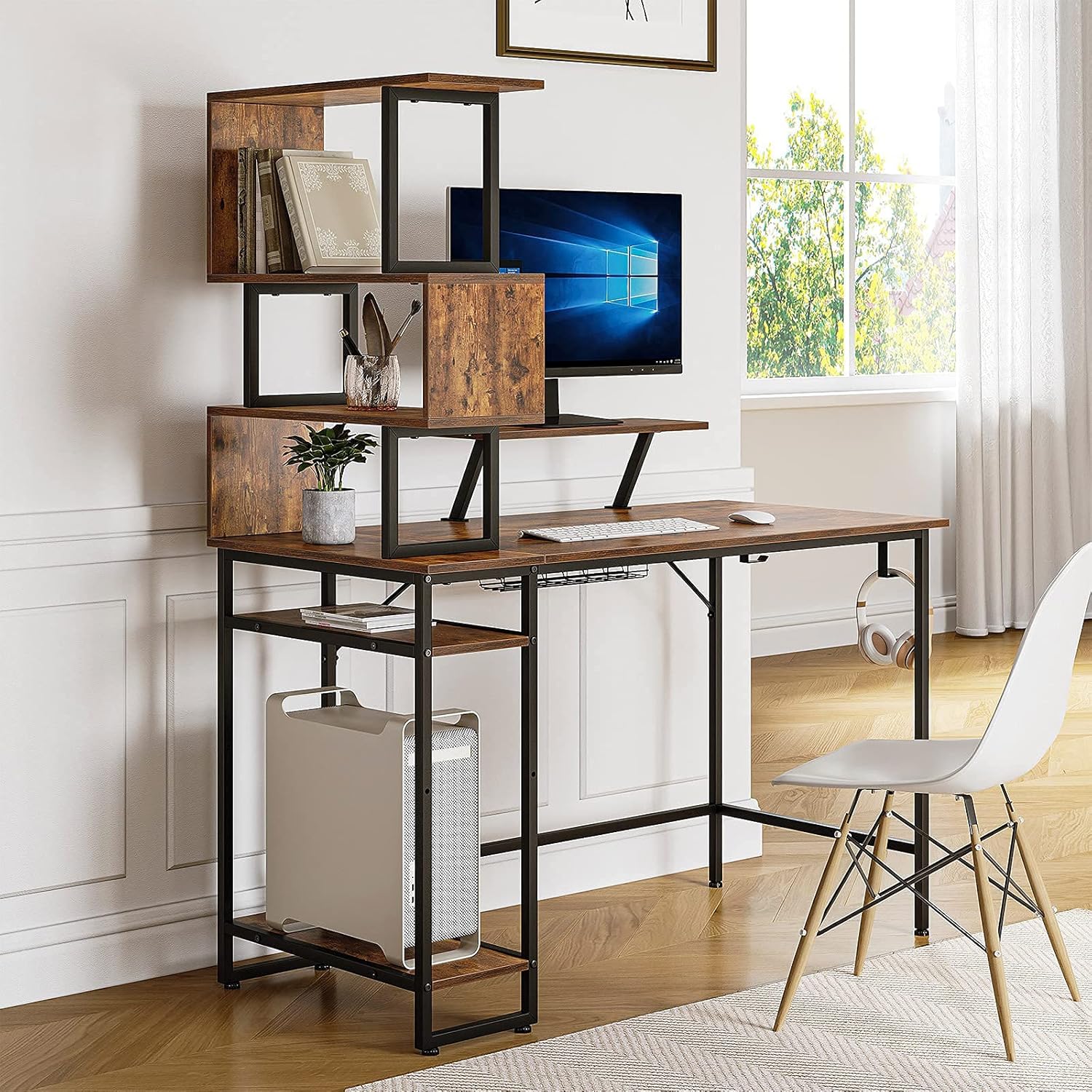 YITAHOME Home Office Desk with 5-Tier Bookshelf, S-Shaped Book Case Desk for Small Space, Monitor Stand Display Bookrack Writing Table for Home with Cable Organizer, Black