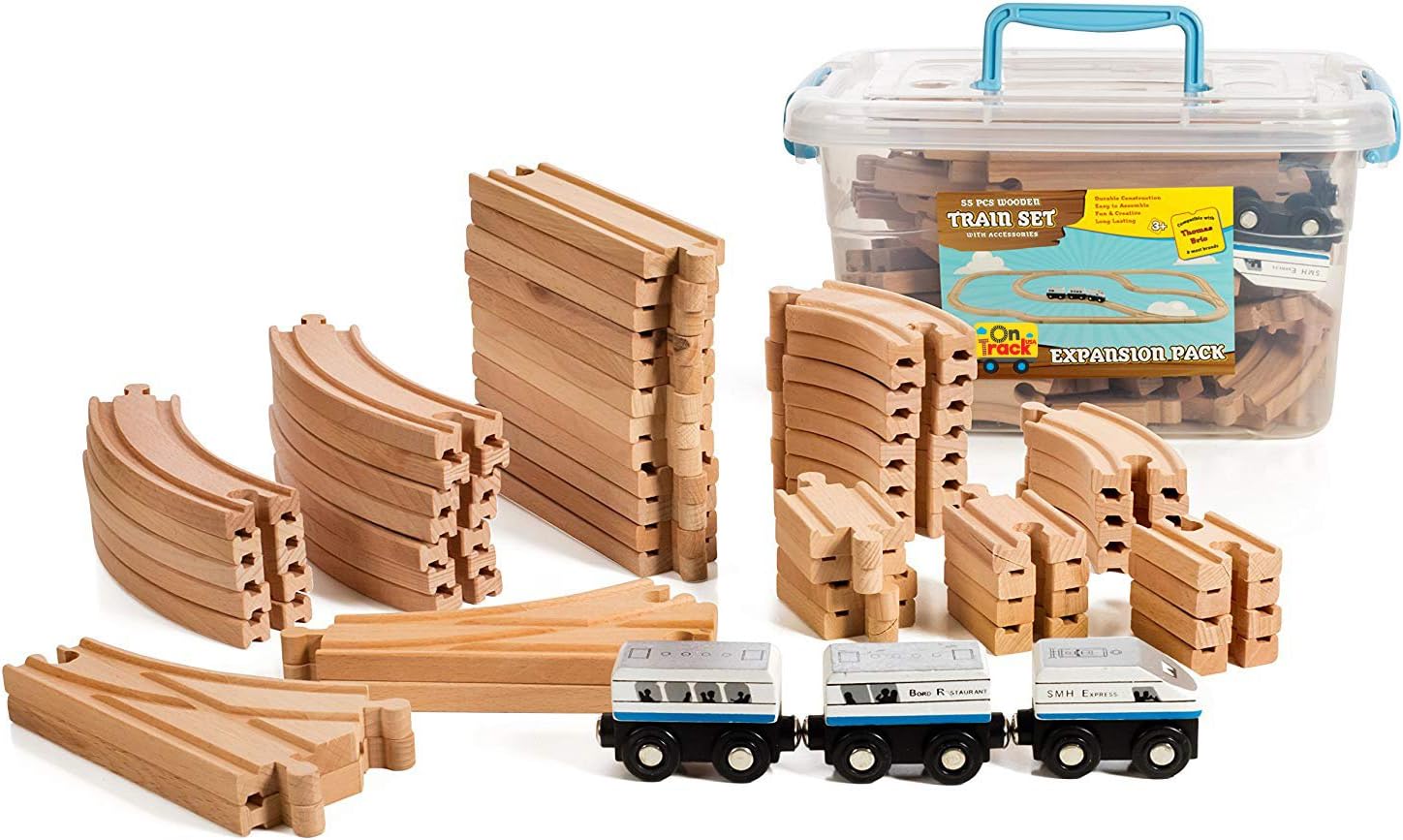 On Track USA Wooden Train Track Trains Expansion Set - with Engine Train Cars, Compatible with Thomas, Brio, Obrium and All Major Brands. with Storage Container, 55 Piece Pack of 2