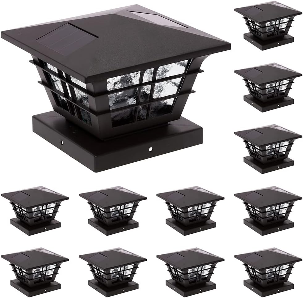 GreenLighting 12 Pack Cape Cod 5x5 Solar Powered Post Cap Light with 4x4 Base Adapter, Fits 5 inch and 4 inch PVC Posts (Black)