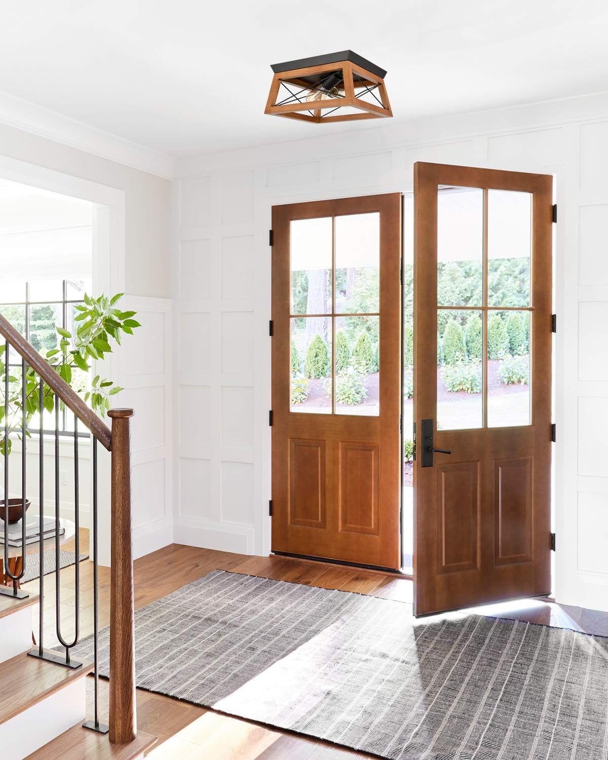 Rustic Black Flush Mount Ceiling Light Wood Shade Farmhouse Ceiling Light Fixture