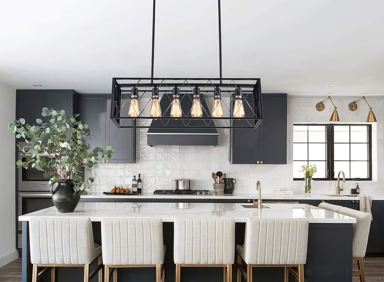 Industrial Kitchen Island Pendant Lighting, Rectangular Vintage Farmhouse Dining Room Ceiling Light Fixtures, 6 Light Rustic Chandeliers for American Country, Matte Metal Black Painted Finish