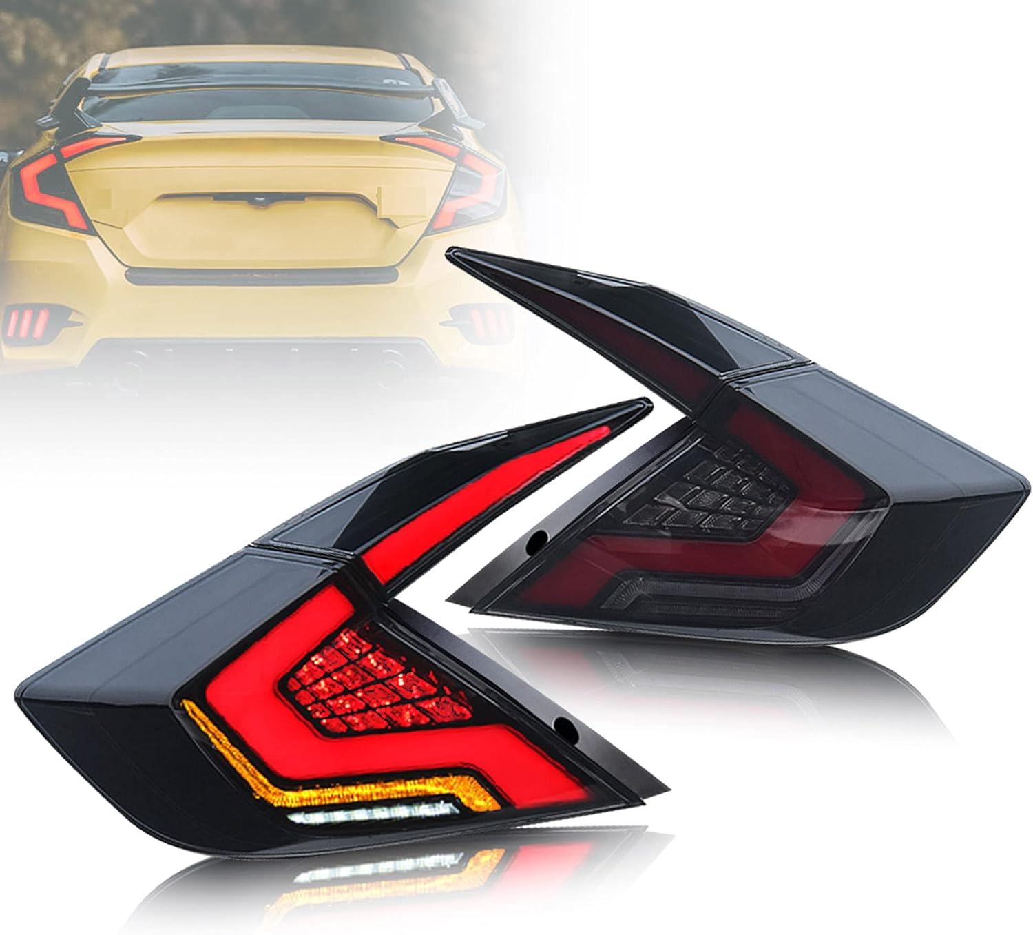 VLAND LED Smoked Tail Lights Assembly Compatible For [ 2016-2020 10th Gen Honda Civic Sedan] w/ Sequential & Starry Dynaic Animation & Breath Running Light, Set (Not Fit Hatchback & Type R)