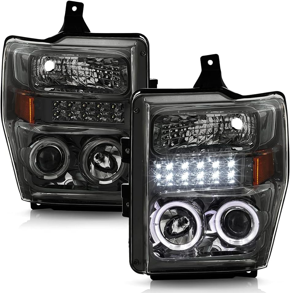 ACANII - For Smoke 2008-2010 Ford F250 F350 F450 Superduty LED DRL Halo Projector Headlights Driver + Passenger Side