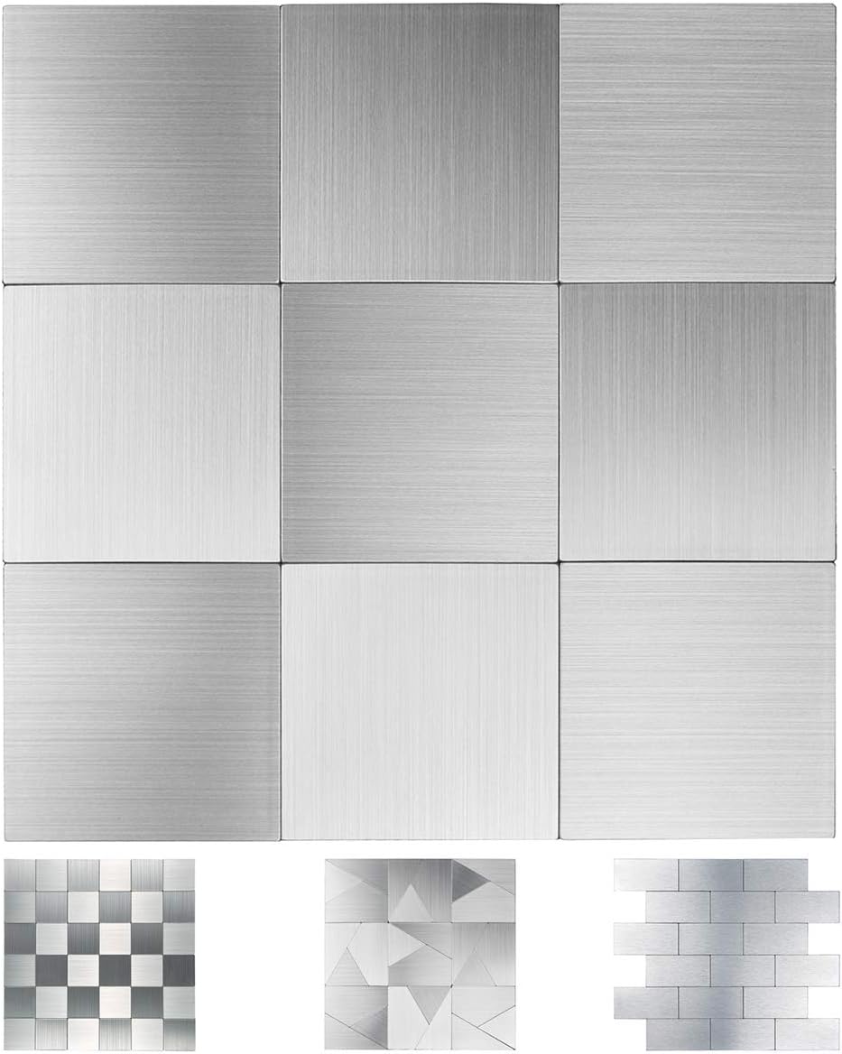 Art3d Peel and Stick Metal Backsplash Tile, Brushed Stainless Steel in Square, Pack of 10 Tiles 12