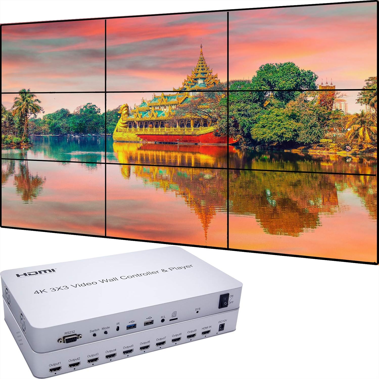 Deface Video Wall Controller & Player 3x3 4K 3840x2160@30Hz Processor HDMI 1.4 HDCP 1.4 Support 3x3, 1x3, 1x4, 2x3, 2x4, 3x2, 4x2 Modes with 1 HDMI Input 9 HDMI Output