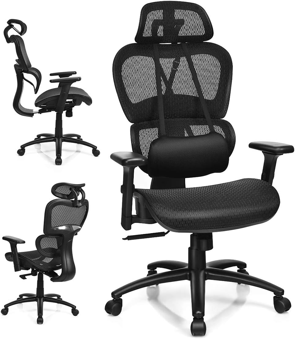 Giantex Ergonomic Office Chair, Mesh Computer Chair w/Adjustable 3D Armrest, Headrest, Lumbar Support Removable, Gaming Chairs, Managerial Office Chair, Executive Swivel Chair (Black)