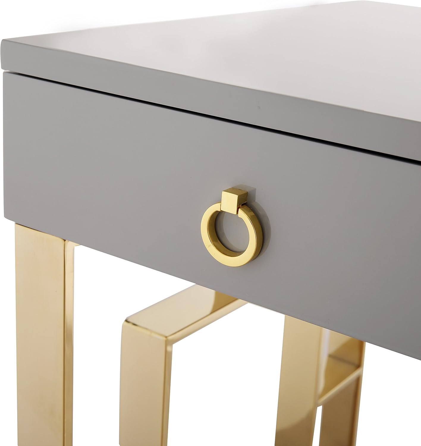 TOV Furniture The Audrey Collection Modern Computer Office Writing Desk with Lacquered Wooden Top, Gold Base & 3 Storage Drawers, Gray