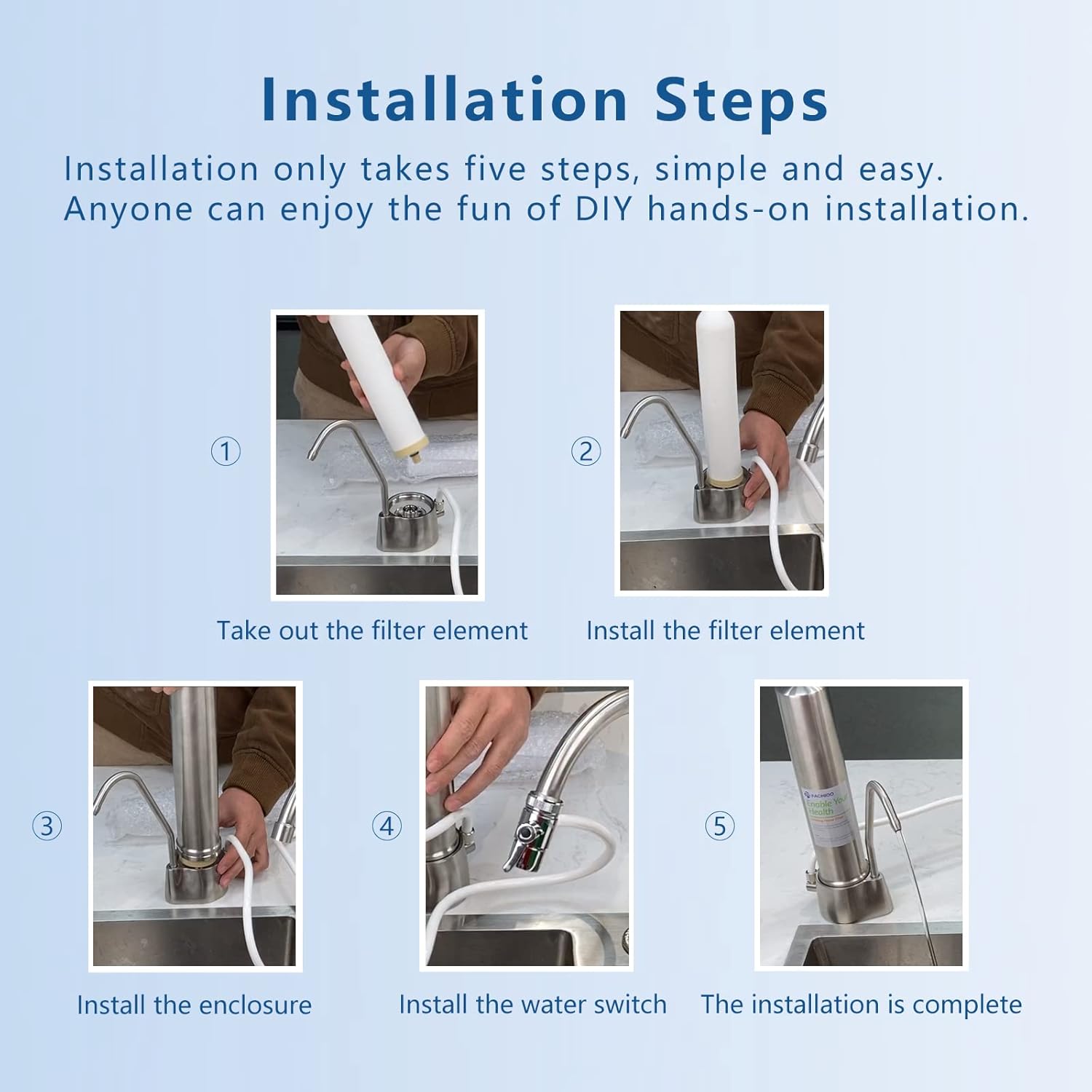 FACHIOO Countertop Filter System, 4-Stage Stainless-Steel Countertop Filter Washable Filter, Easy Install Faucet Water Filter, Reduces Heavy Metals, Bad Taste and Up 99% of Chlorine(1 Filter Included)