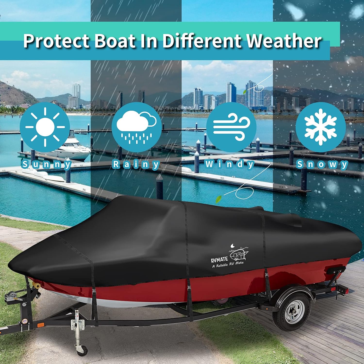 RVMATE Boat Cover, Marine Grade Polyester, 5000 PU Coating, Fits V-Hull, Tri-Hull, Fishing Boat, Runabout, Length: 14&rsquo;-16&rsquo;, Beam Width: 90&rdquo;, Black