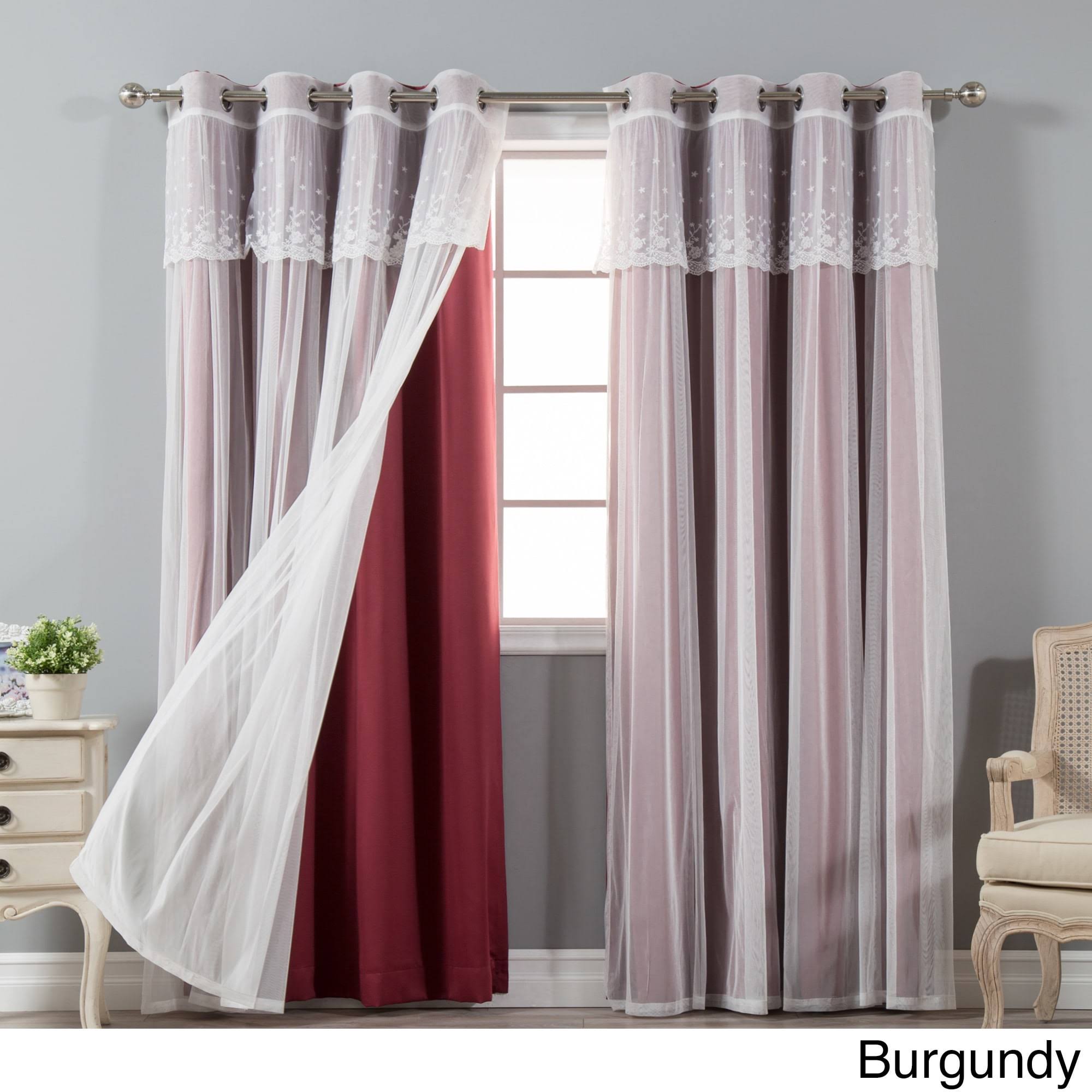 Aurora Home Attached Valance Sheer and Blackout 4-Piece Panel Pair - 52x22W x 84x22L - Burgundy
