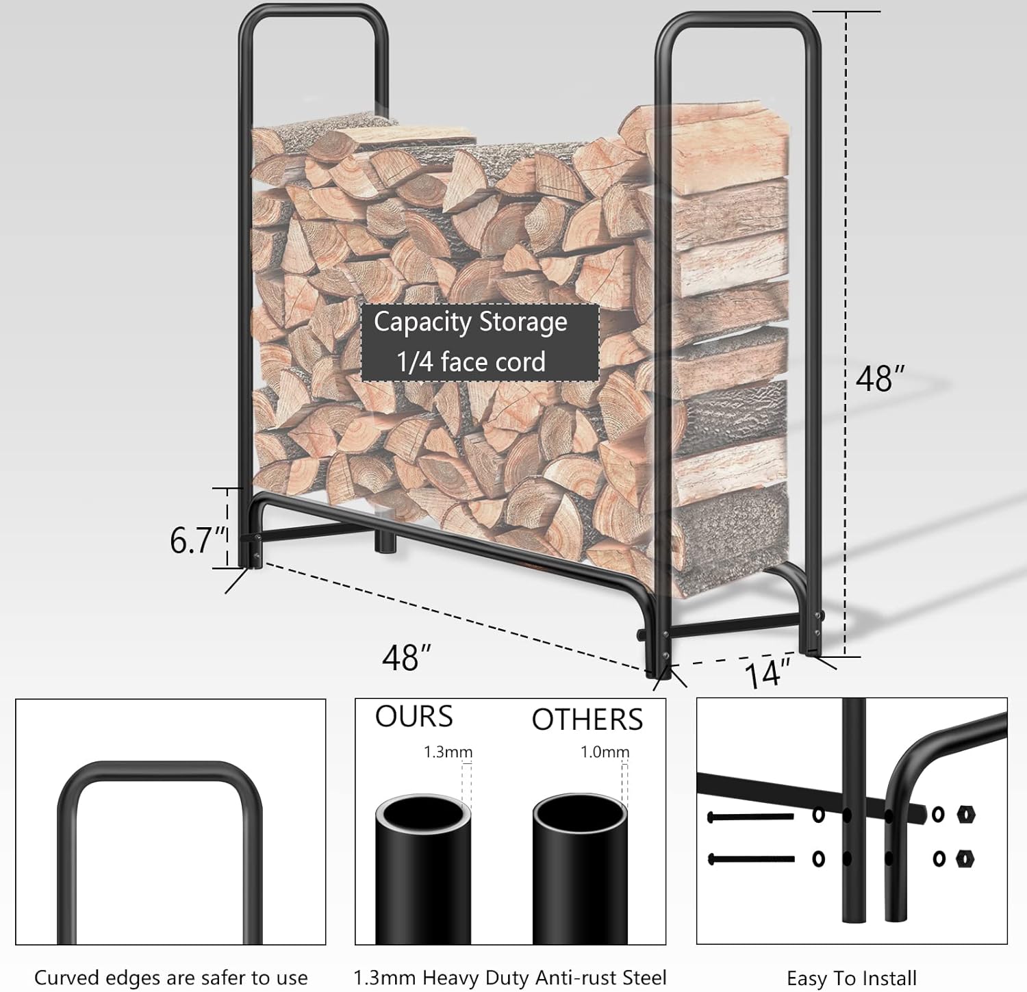 Gtongoko Firewood Rack for Outdoor And Indoor Use, Heavy Duty Firewood Storage Log Rack 4ft For Fireplace , Fits On Porches, Decks, Patios, Family Room