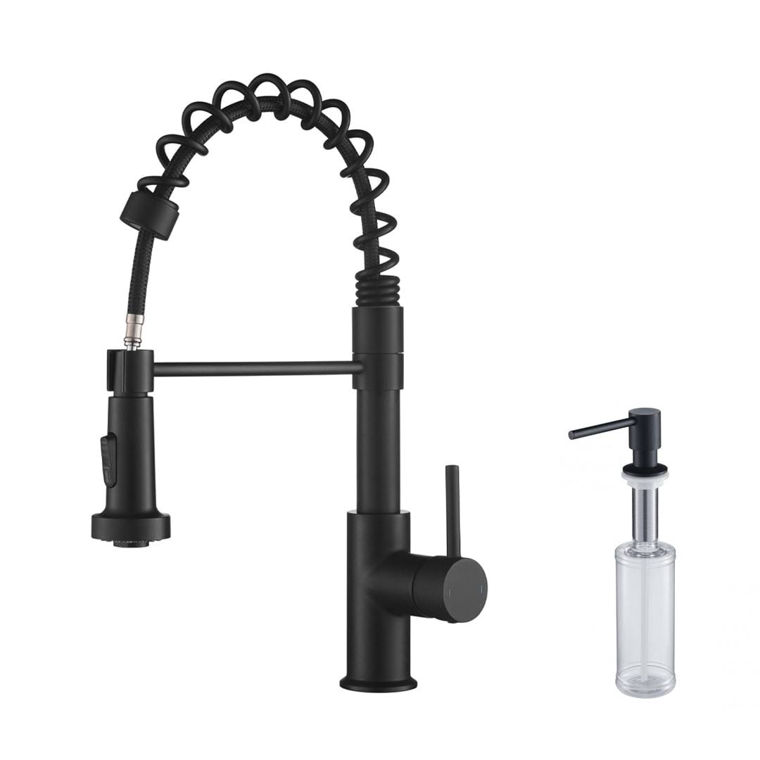 Solid Brass Single Handle Pull Out Kitchen Faucet - Matte Black with Soap Dispenser