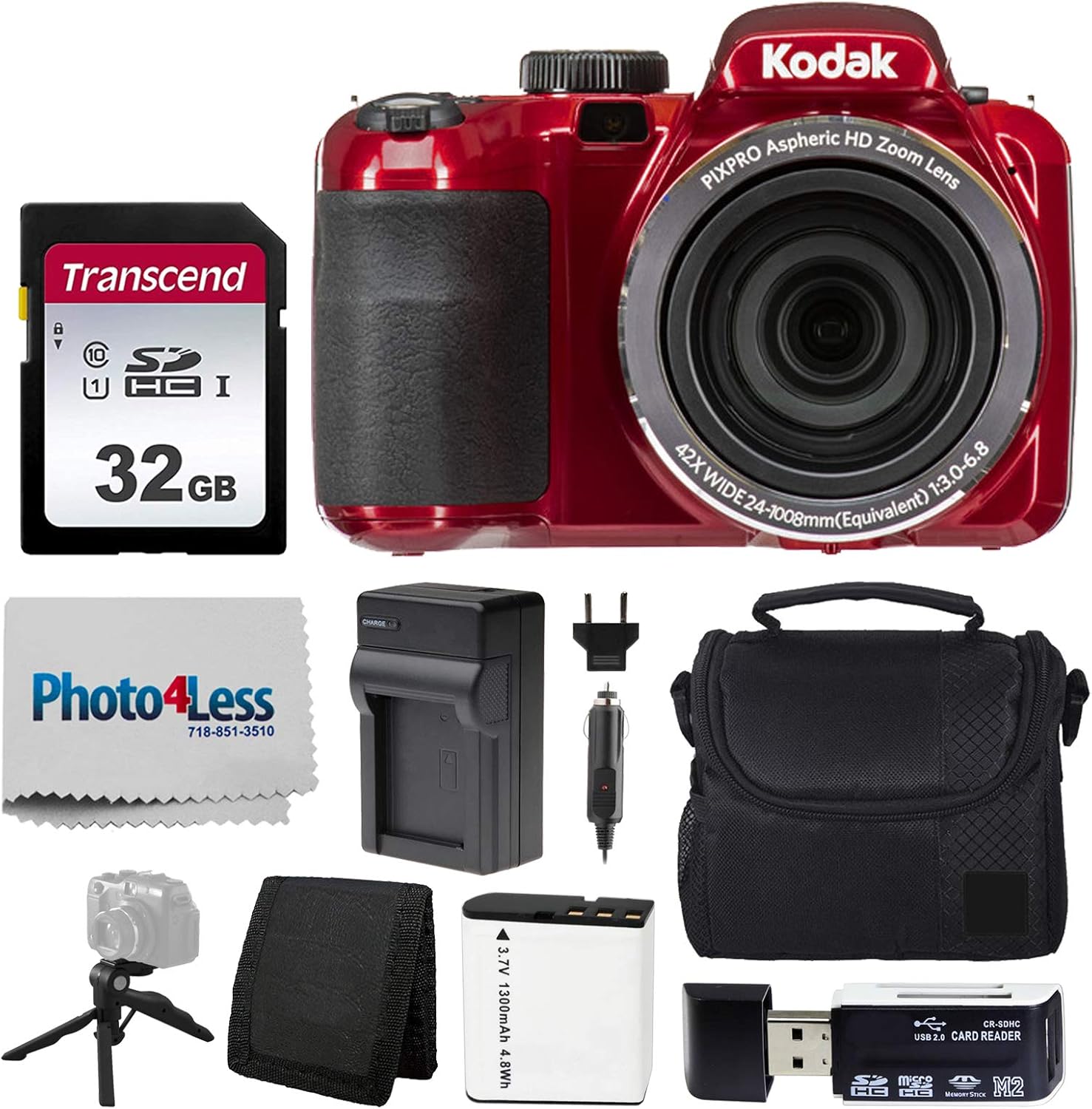 Kodak PIXPRO AZ421 Digital Camera (Black) + Point & Shoot Camera Case + Transcend 32GB SD Memory Card + Extra Battery & Charger + USB Card Reader + Table Tripod + Accessories