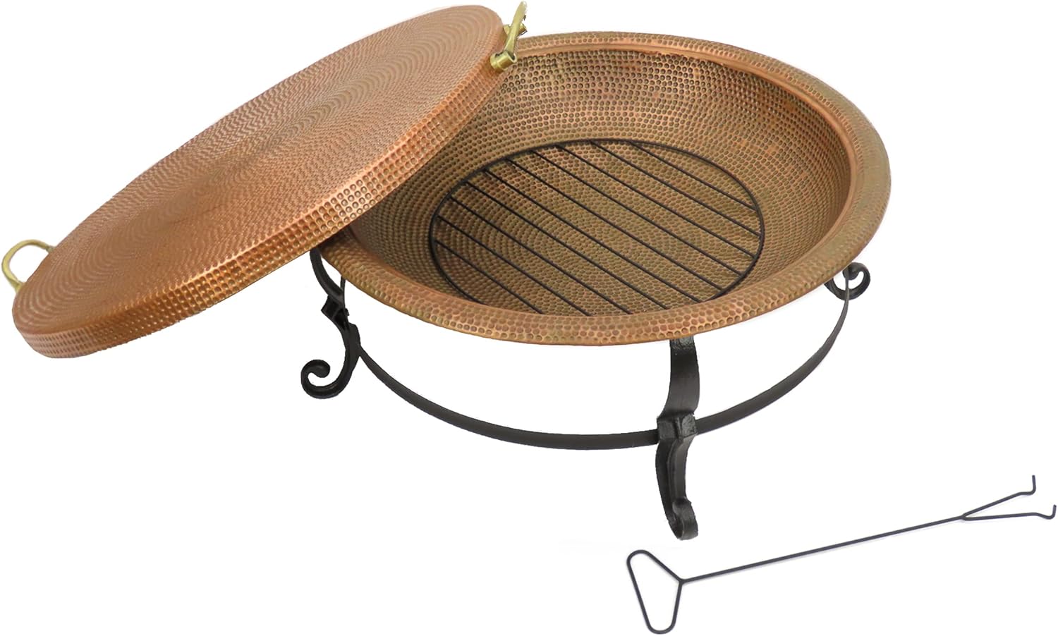 National Outdoor Living Fire Pit, Hammered Steel, Copper Finish, Includes Black Stand, Fire Poker and Copper Cover, 30 Inches
