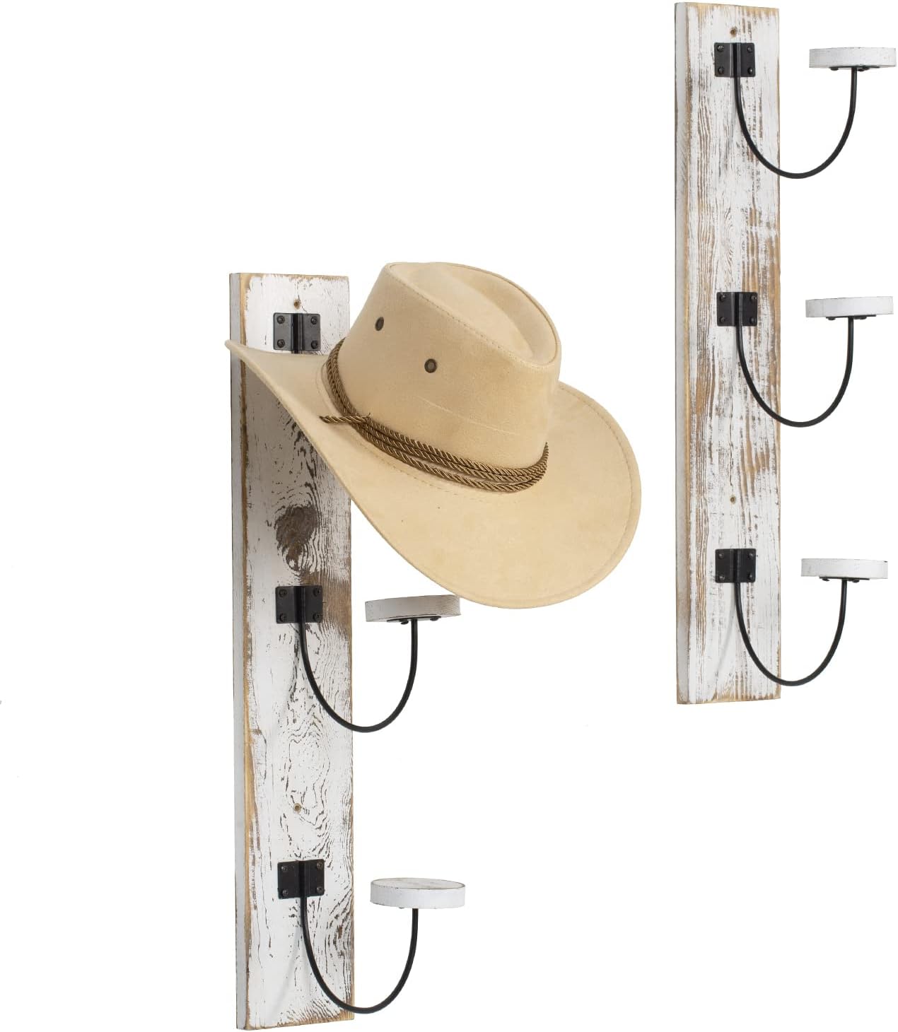 MyGift Wall Mounted Vertical Hat Rack - Fedora, Cowboy Hat Rack for Wall, Coat Hooks in Solid Whitewashed Wood and Black Metal Wire, Set of 2