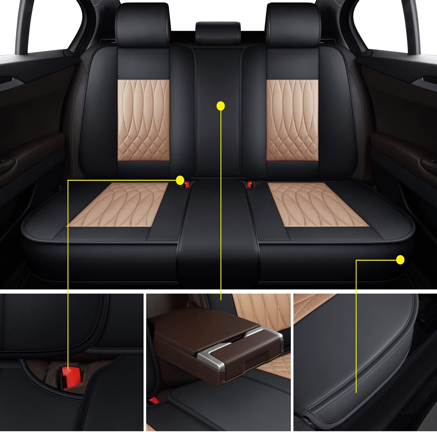 TZAUT-AXLE Faux Leather Automotive Seats Cushion Full Set for Car Seat Protectors, Waterproof and Cooling, Front and Rear Split Bench Car Seat Cover, Easy to Install, Interior Accessories Fit Universal Cars&SUV(Rear Seat, Beige)