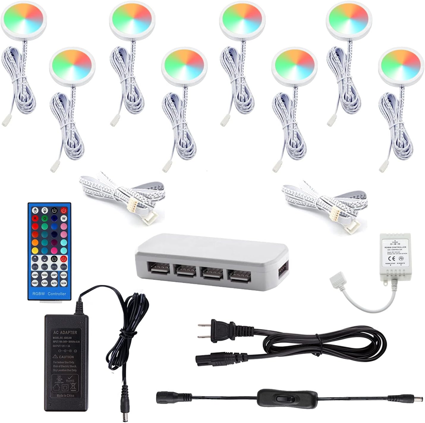 AIBOO RGBW RGB + White Color Changing Christmas Xmas Decorating Under Cabinet LED Lighting Kit Wireless 40-Key RF Remote Control for Party Entertainment Lighting (RGBW, 8 Lights, 24W) Pack of 2