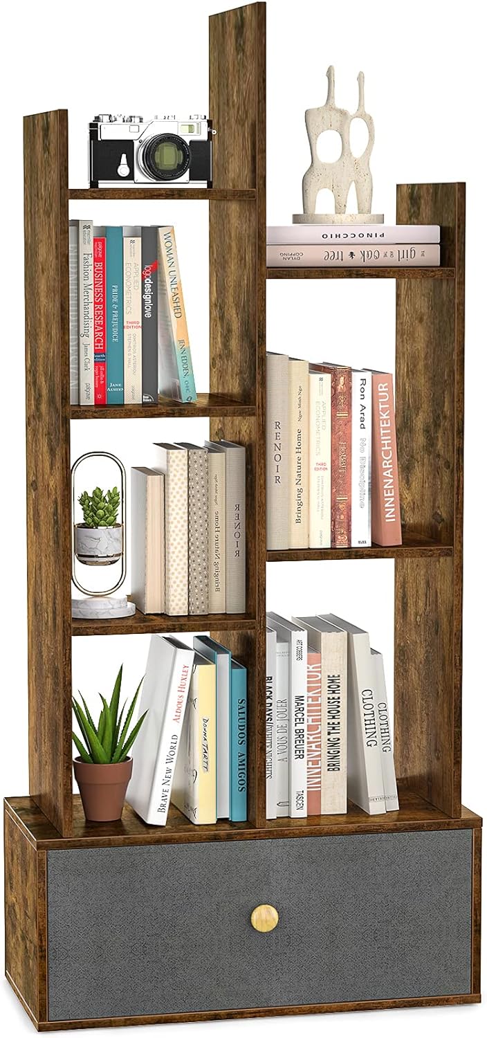 Unikito Book Shelf with Drawer, Vintage Bookcase with Storage, Free Standing Bookshelf Industrial Open Book Shelves, Display Wood Book Case Rack for Bedroom, Living Room, Home Office, Rustic Brown
