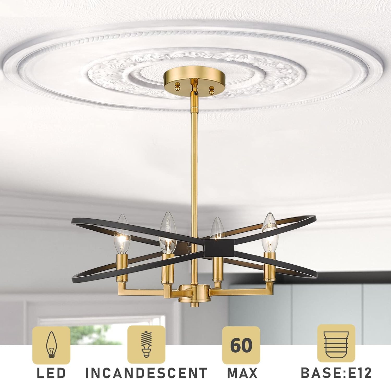 Emliviar 4-Light Farmhouse Chandelier - 18 Inch Modern Lantern Pendant Light for Bedroom Dining Room, Black and Gold Finish, YE243P-4 BK+BG