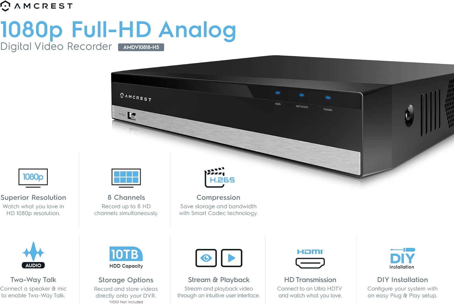 Amcrest 1080p ProHD 8 Channel DVR Security Camera System Recorder, 2MP Security DVR for Analog Security Cameras & Amcrest IP Cameras, HDD & Cameras Not Included (REP-AMDV10818-H5) (Renewed) Pack of 2