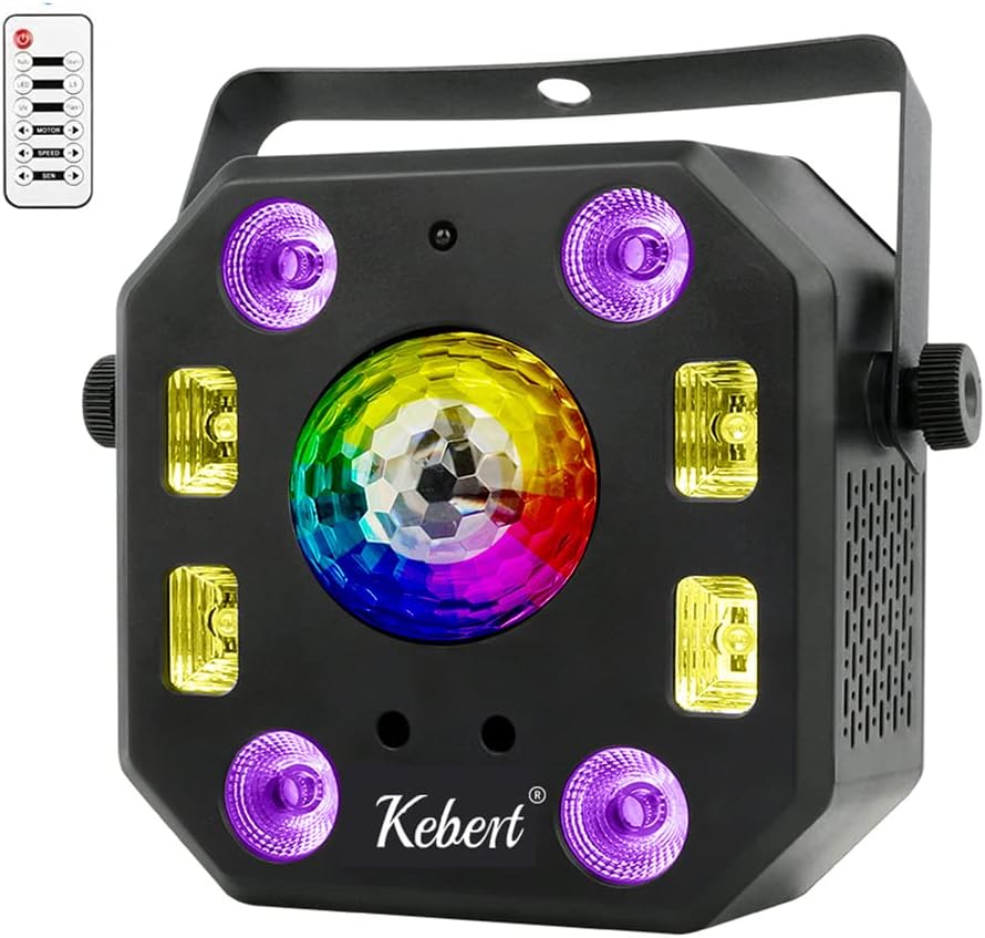 Kebert Dj Party Lights, 5 in 1 Mixed Effects Stage Lights with Magic Ball, RGBW Led Par Light, Pattern Strobe Light , Sound Activated Disco Light with Remote DMX Control for Wedding Party Bar