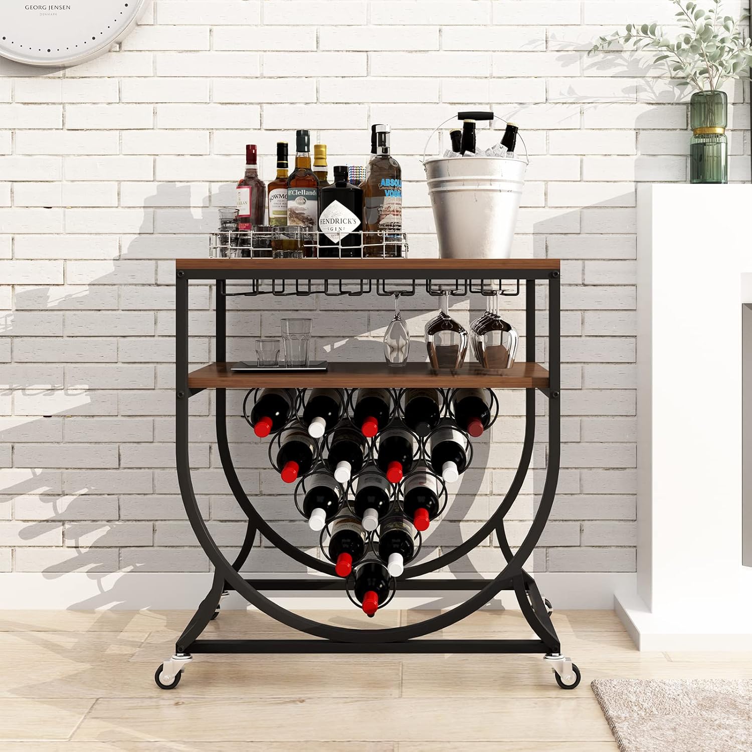 BENOSS 15-Bottle Industrial Wine Bar Rack for Home, Metal & Wood Wine Display Rack with Glass Holder, Kitchen Wine Storage Cabinet, Vintage Brown
