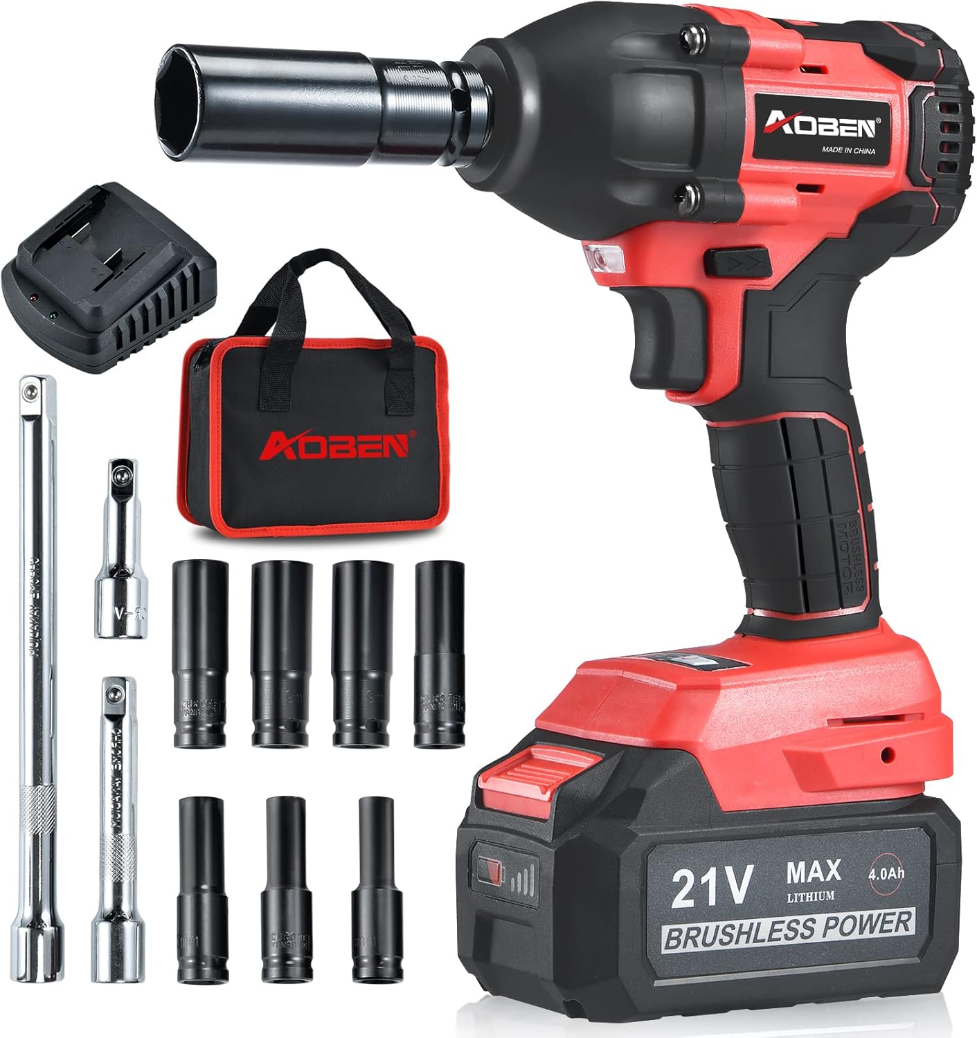 AOBEN 21V 1/2 Cordless Impact Wrench, High Torque Brushless Impact Wrench Set, Max Torque 450 ft-lbs (600N.m), 4.0Ah Li-ion Battery, 6 PCS Sockets 3 Extension Bars, Fast Charger and Tool Bag