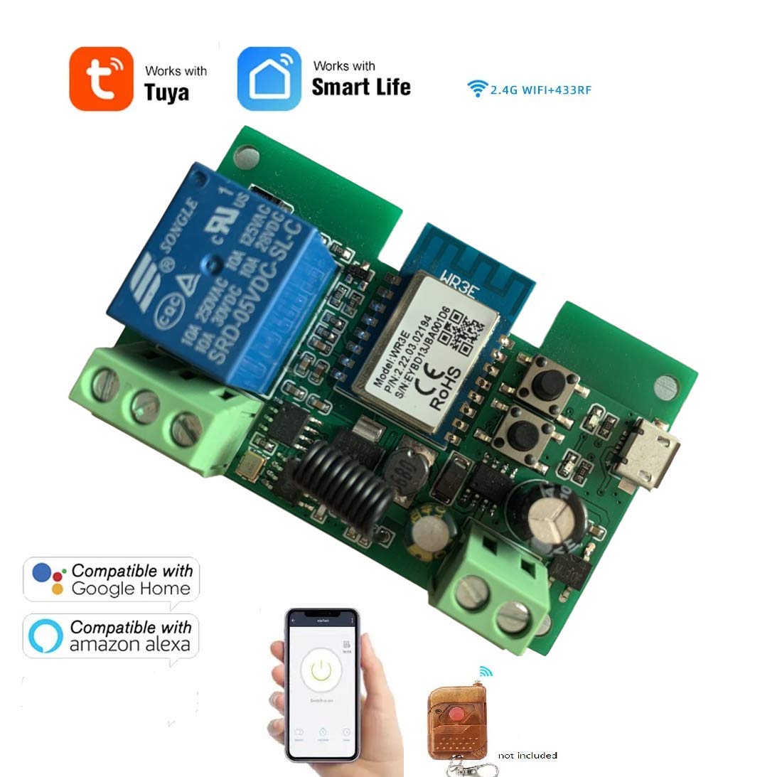 MHCOZY WiFi Wireless Smart Switch Relay Module for Smart Home 5V 5V/12V，Ba Applied to Access Control, Turn on PC, Garage Door (1CH Smart Life app)