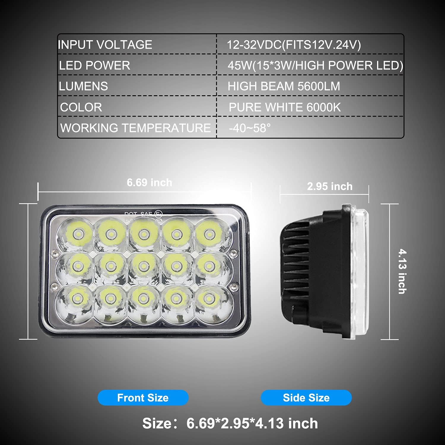 JIGAL(4pcs) Approved 4x6 Inch LED Headlights 45W High Low Sealed Beam Rectangular LED Headlamp Replace with H4651 H4652 H4656 H4666 H6545 H4668 H4642 for Peterbil Kenworth Freightinger Probe Chevr.