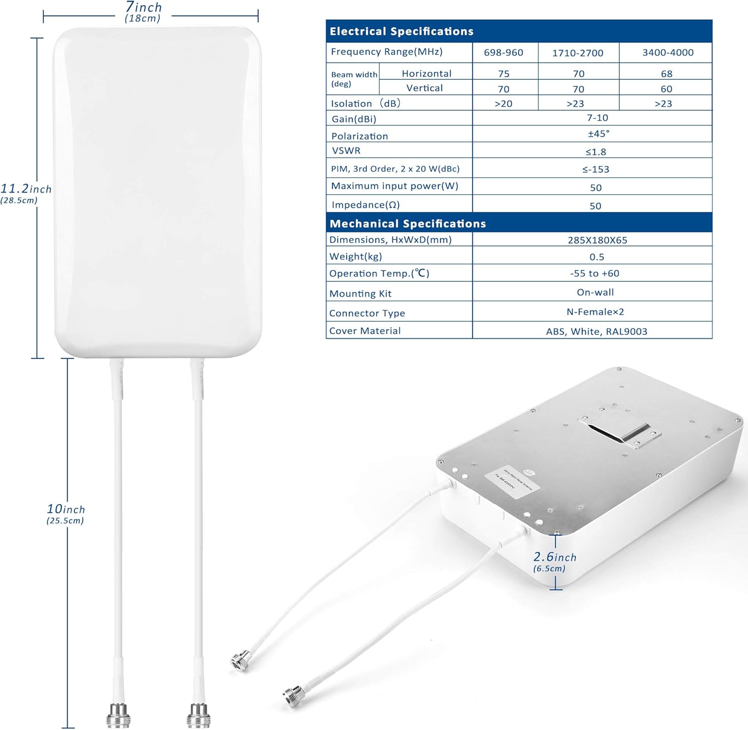 ZDTECH Cross Polarized MIMO Mount Panel Antenna Indoor 7-10dBi 3G/4G/LTE/5G with Dual N Female Connector for Verizon AT&T Sprint Cell Phone Signal Booster Repeater Cellular Amplifier(698-4000MHz) Pack of 2