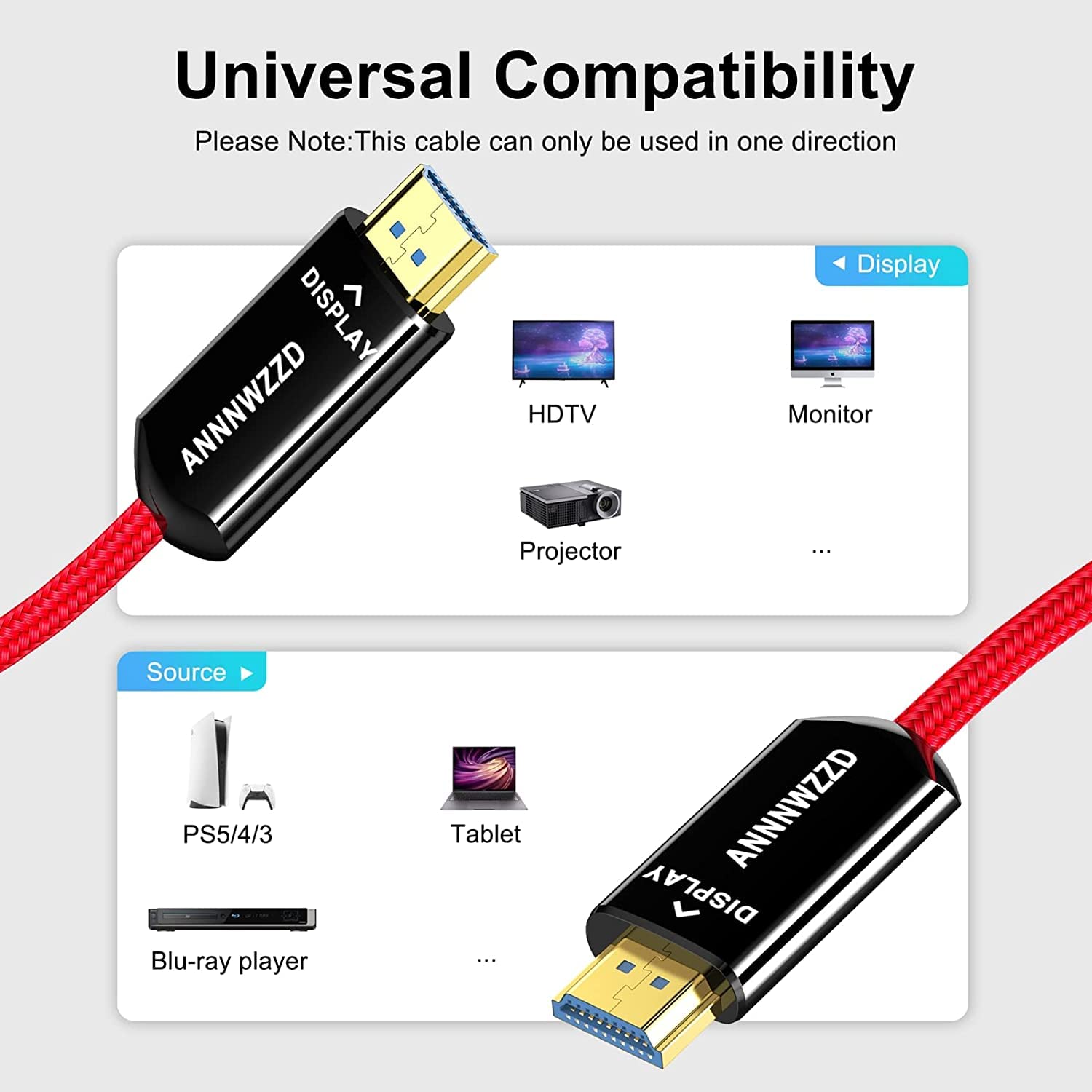 ANNNWZZD 8K HDMI Fiber Optic Cable,8K@60Hz Fiber HDMI 2.1 Braided Cord，Supports 8K@60Hz 4K@120Hz, 48Gbps Dynamic HDR 10, eARC, HDCP2.2, 4:4:4 （Red Braided) (50FT/15M) Pack of 2
