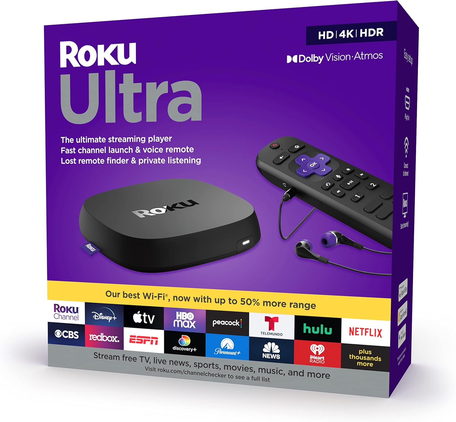 Roku Ultra | Streaming Device HD/4K/HDR/Dolby Vision with Dolby Atmos, Bluetooth Streaming, and Roku Voice Remote with Headphone Jack and Personal Shortcuts, includes Premium HDMI&reg; Cable