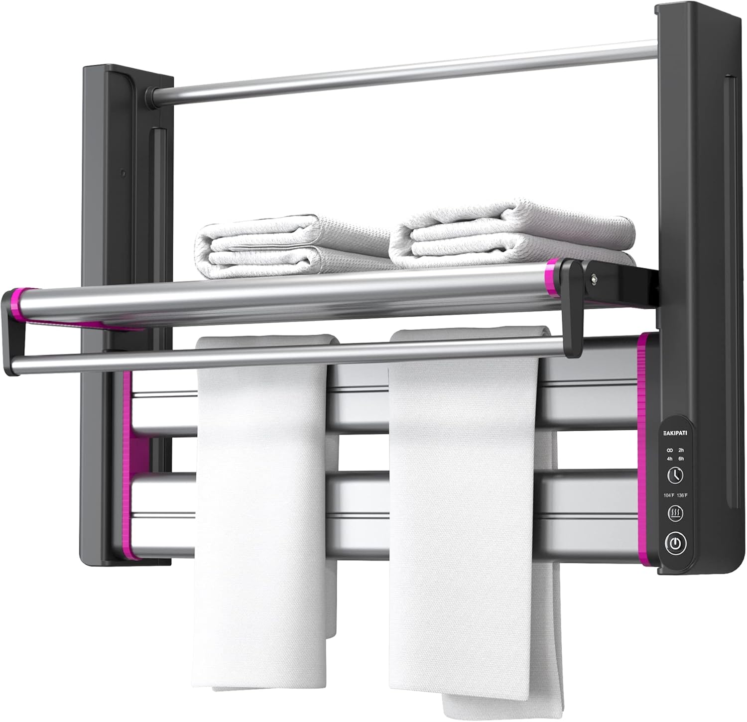 EAKIPATI Foldable Towel Warmer, Wall Mounted Electric Towel Heater with Built-in Timer and LED Indicators, Wide Panel Heated Towel Rack for Bathroom, White