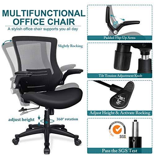 Funria Mesh Office Chair Ergonomic Mid Back Swivel Black Desk Computer Chair with Flip Up Arms Lumbar Support Height Adjustable