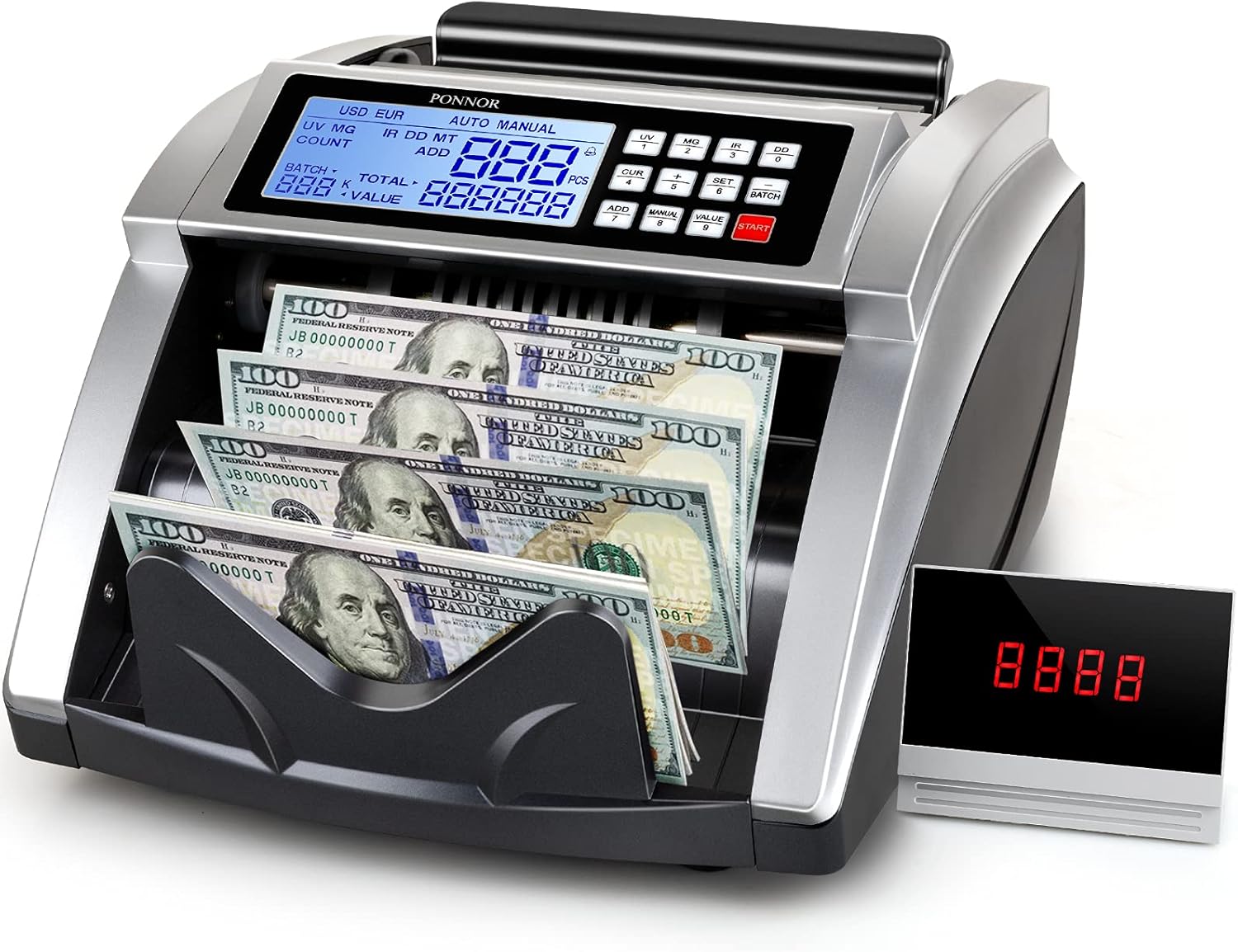 PONNOR Money Counter Machine with UV/MG/IR/DD/DBL/HLF/CHN Counterfeit Detection,Counting Value of Cash, Dollar, Euro, Bill Counting Machine with Portable Handle,Enlarge LCD Display-1,000 Bills/Min