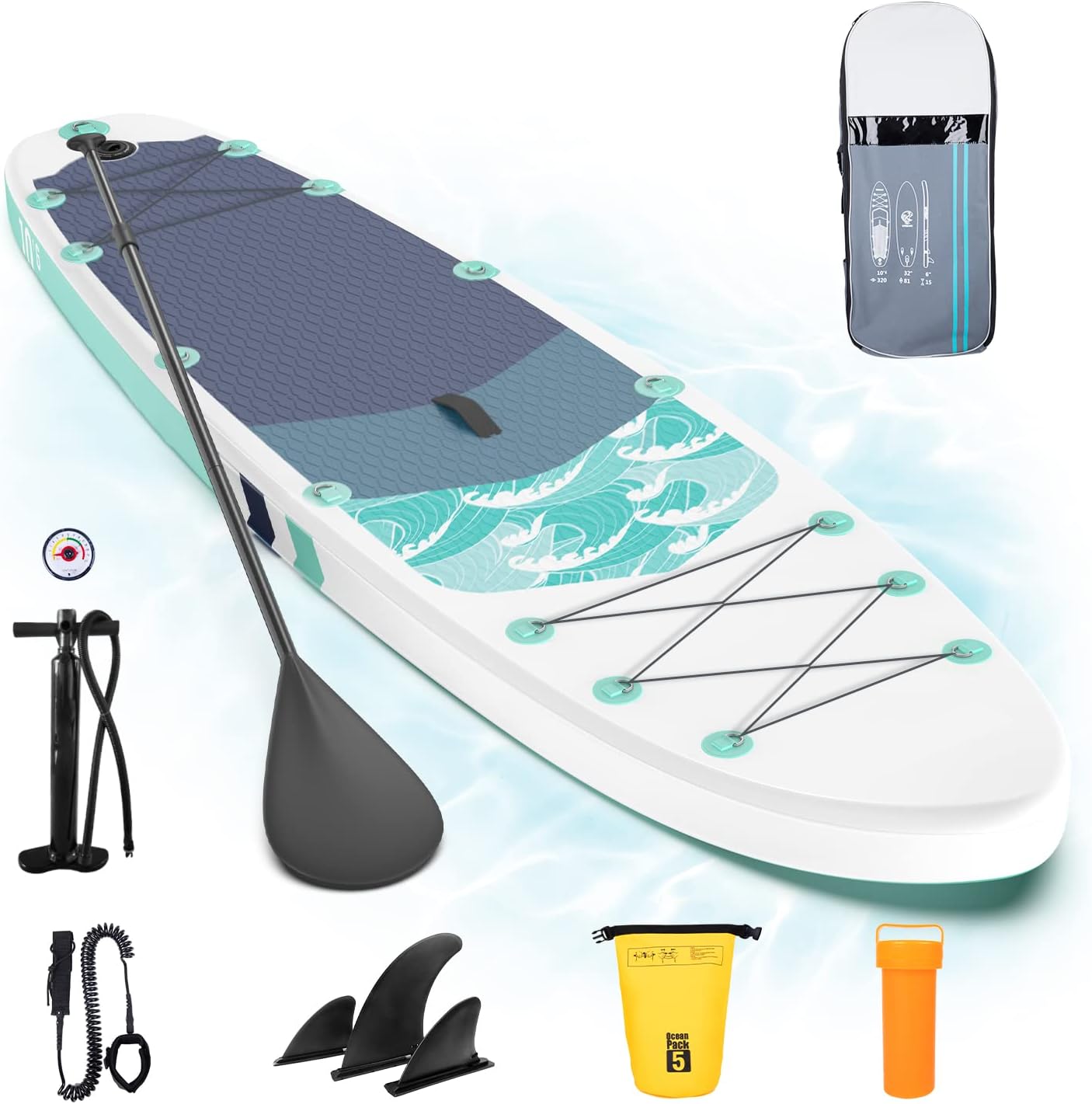 Inflatable Paddle Board for Adults, 10’6” Stand Up Paddle Board with 3 Detachable Fins, Ultra-Light 16lbs SUP with Floatable Paddle, 350LBS Capacity Paddleboard