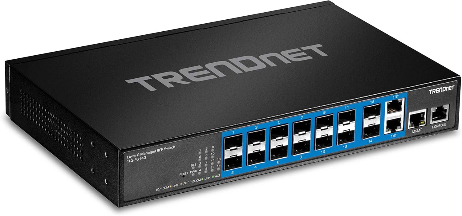 TRENDnet 14-Port Gigabit Managed Layer 2 SFP Switch, TL2-FG142, 2 Shared Gigabit RJ-45 Ports, 12 X SFP Slots 100/1000Mbps, 28Gbps Switching Capacity, Vlan, Qos, Lacp, Ipv6 Support, Lifetime Protection