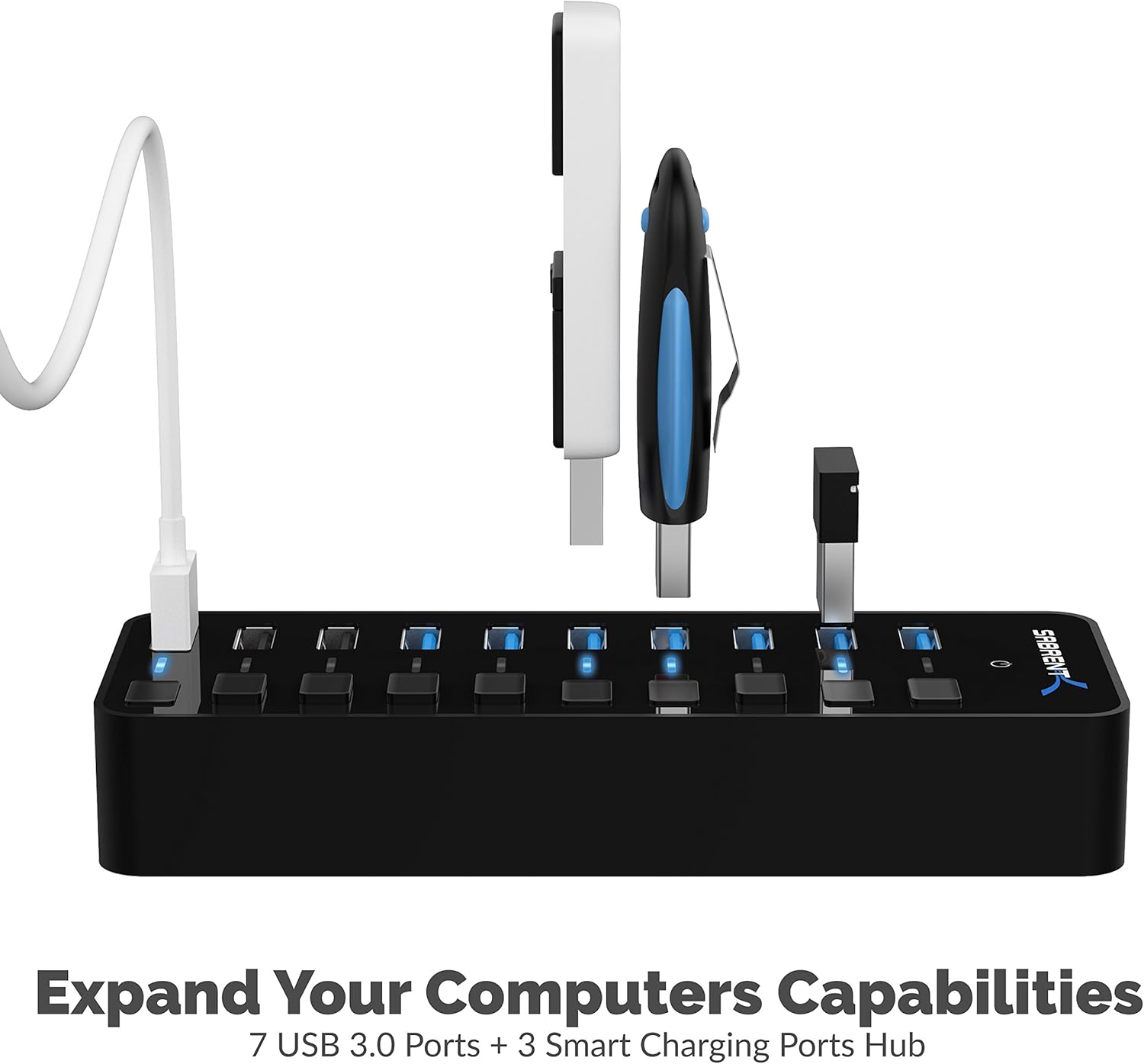 Sabrent 60W 10-Port USB 3.0 Hub Includes 3 Smart Charging Ports with Individual Power Switches and LEDs + 60W 12V/5A Power Adapter (HB-B7C3) Pack of 2