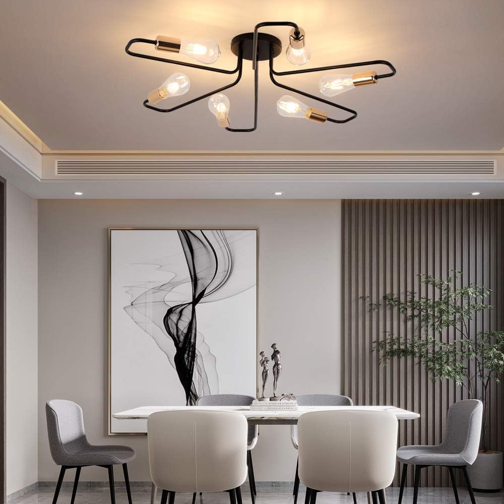 Modern Sputnik Chandeliers, 6-Light Led Pendant Lighting Fixture, Rotatable Sputnik Flush Mount Ceiling Lamp Brass Gold & Black for Bedroom, Dining Room, Bar, Restaurant(Z-6 Lights)
