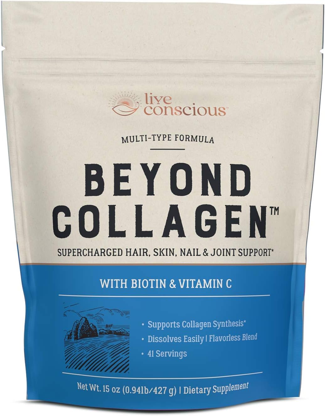 Live Conscious Beyond Collagen Multi Collagen Powder - Types I, II, III, V & X | Keto Friendly, Hydrolyzed Blend with Biotin & Vitamin C | Live Conscious - 41 Servings Pack of 2