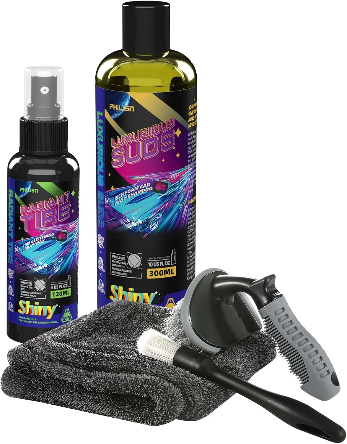 PHILISN Tire Shine & Wheel Cleaner Kit (5 Items) - Rim and Rubber Cleaner, Car Wash Detailing Spray for Extreme Tire Shiny, Bundle with Tire Cleaner Brush & Microfiber Towel - Safe for Alloy and More Pack of 2